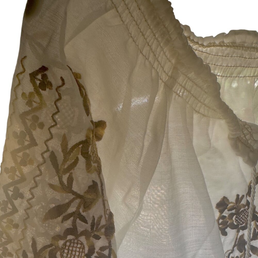 NWOT WOMENS TOP BOHO FLOATY WHITE PEASANT BLOUSE GOLDEN EMBROIDERY COTTAGECORE M - Picture 8 of 10